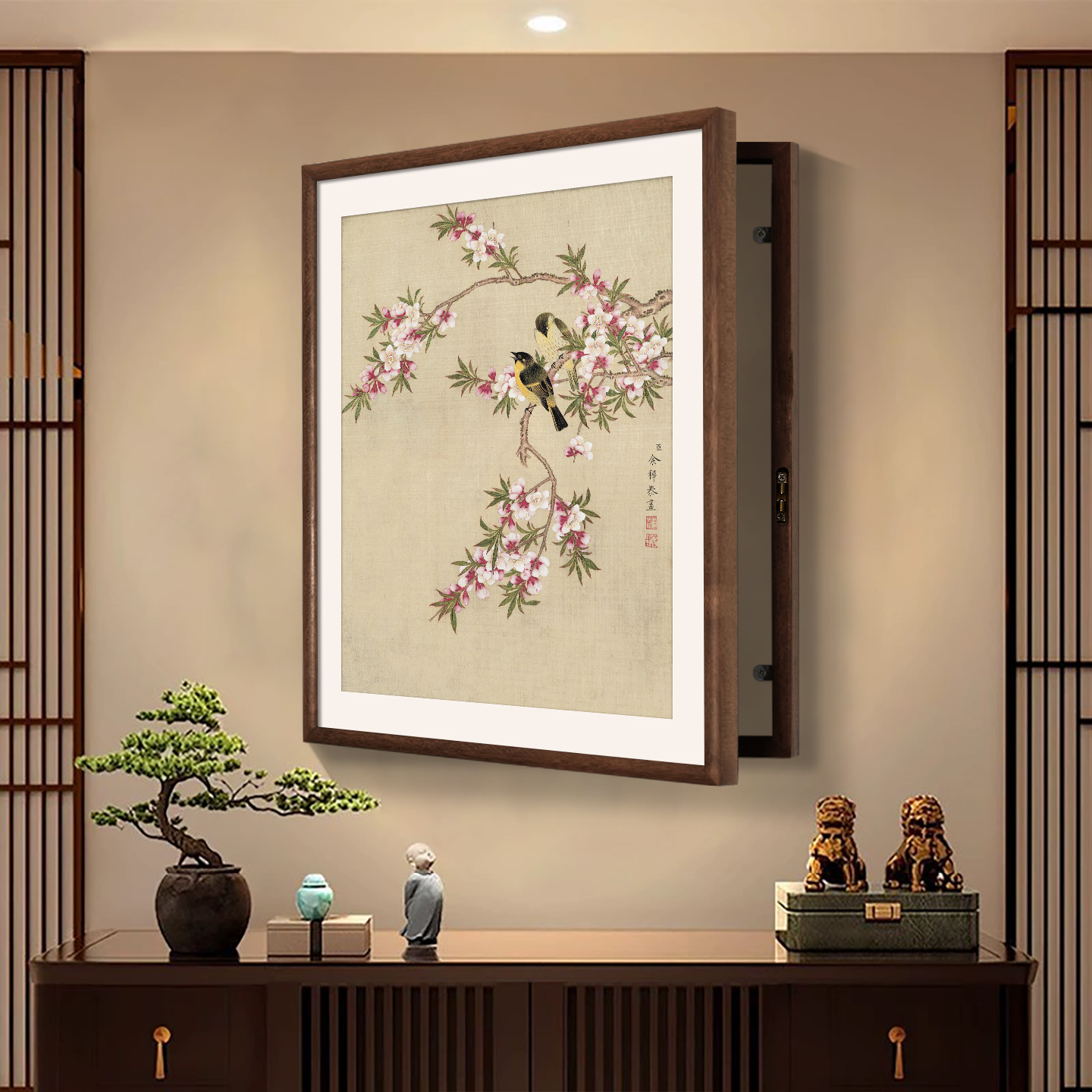 新中式实木电表箱装饰画竖款余樨花鸟图配电箱空开弱电源遮挡挂画