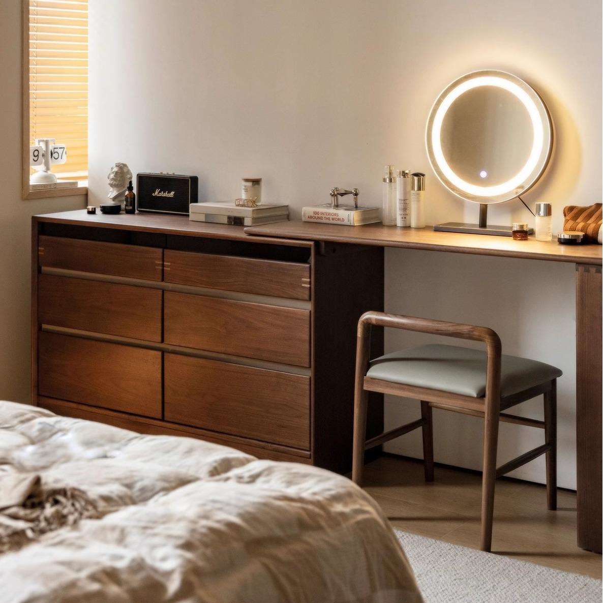 北美黑胡桃木实木梳妆台斗柜一体化妆桌卧室移动樱桃木床尾收纳柜