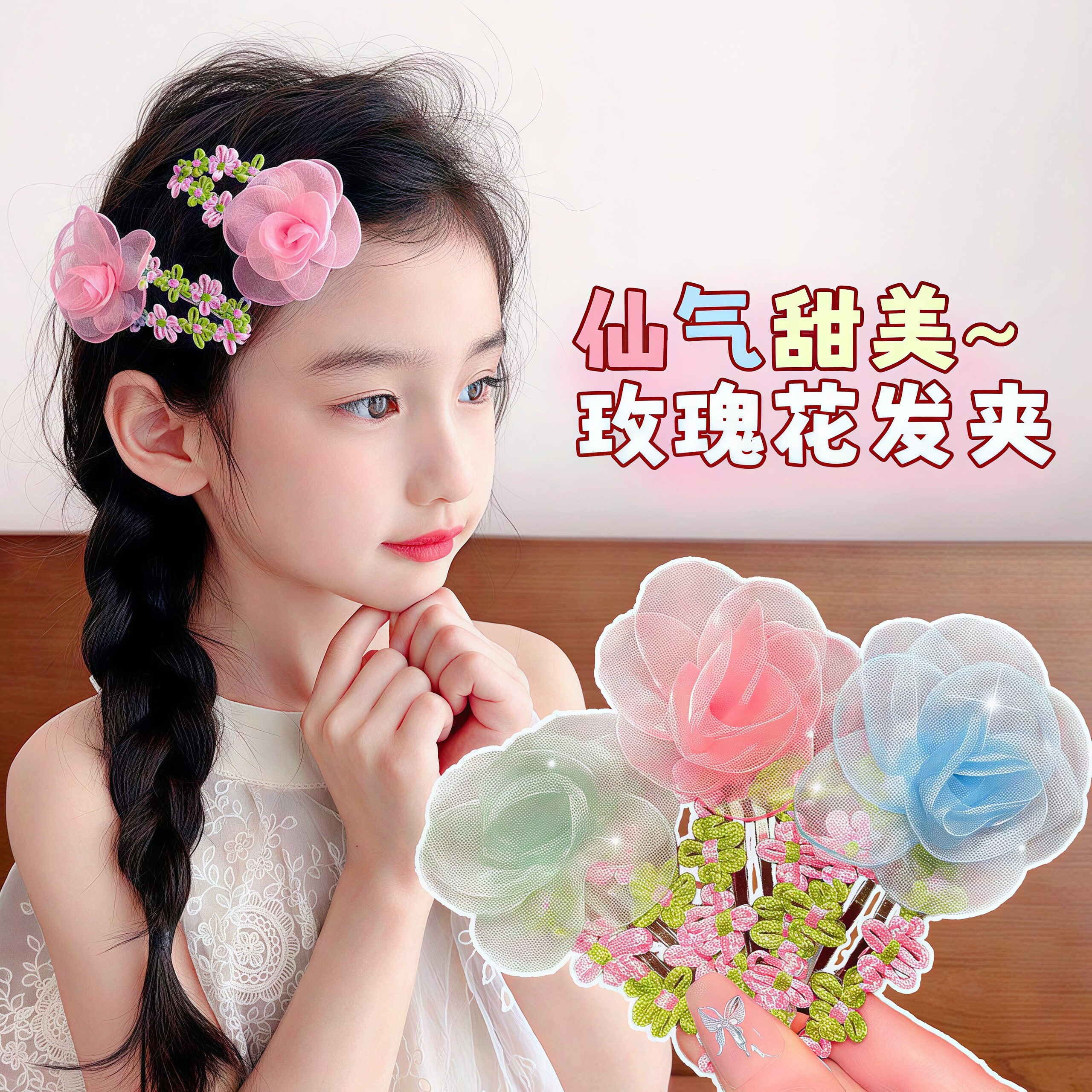超仙甜美粉色网纱花朵刘海BB夹