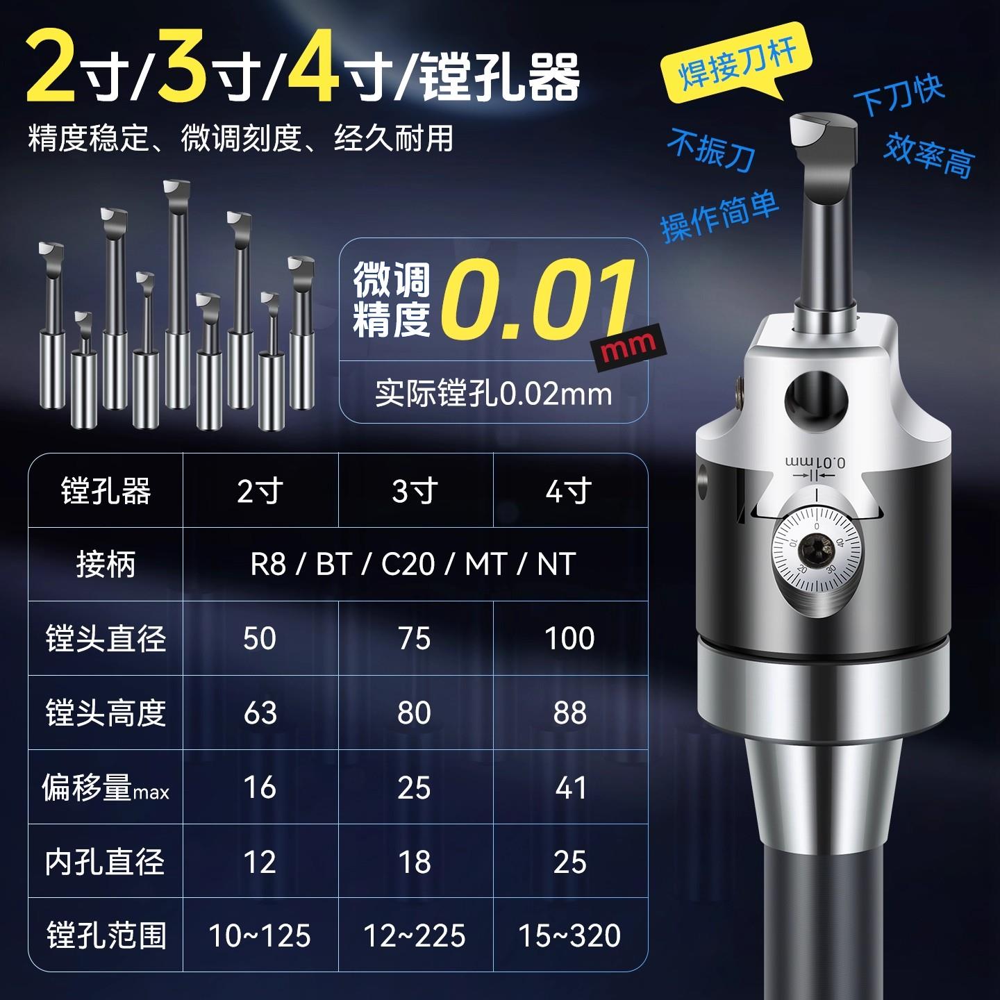 R8铣床镗孔器MT-F1 2寸3寸镗头套装C20机夹刀杆NT微调镗刀镗刀柄