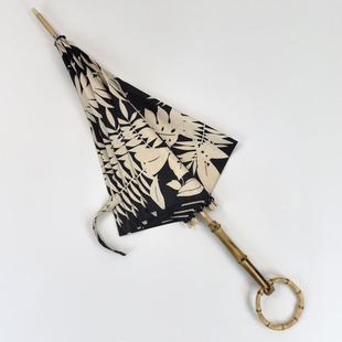 日系圆环竹节覆古黑色手绘白鸟风格 木中棒手动黑胶女士长柄晴雨伞