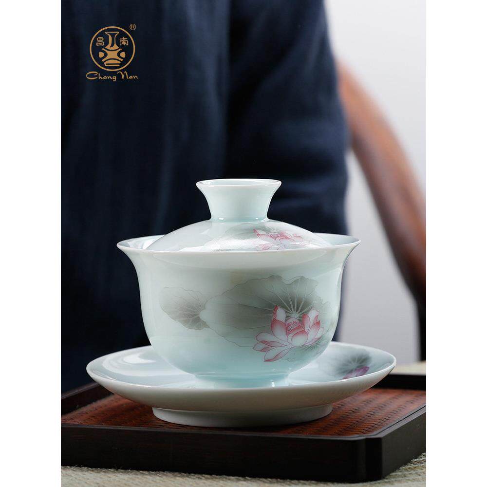 昌南影青瓷荷花泡茶盖碗景德镇陶瓷三才带盖茶碗中式高档盖碗单个