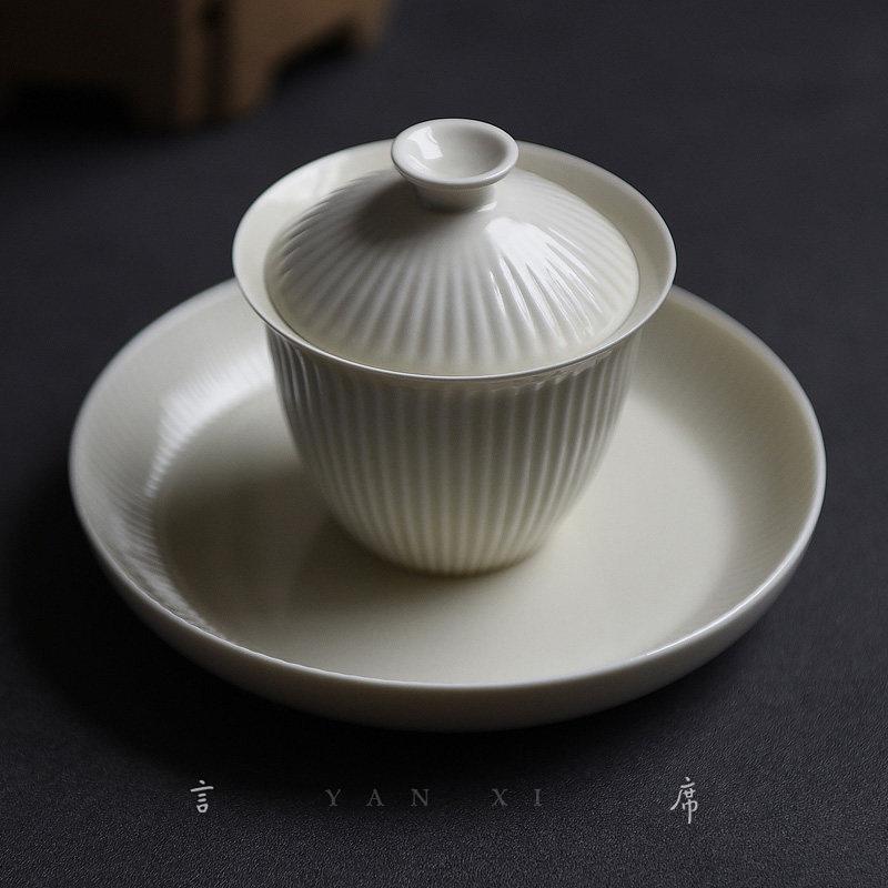 覆古流水条纹简约泡茶碗草木灰三才盖碗陶瓷壶承功夫茶具莲菊瓣纹
