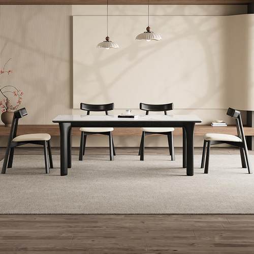 德利丰实木岩板餐桌黑色家用新中式中古风高端全托长方形吃饭桌子