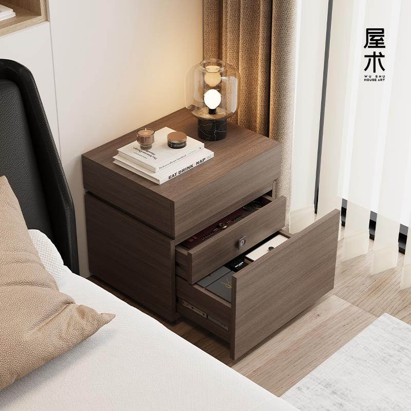 屋术实木床头柜意式极简卧室带隐藏暗格抽屉收纳柜指纹锁款床边柜