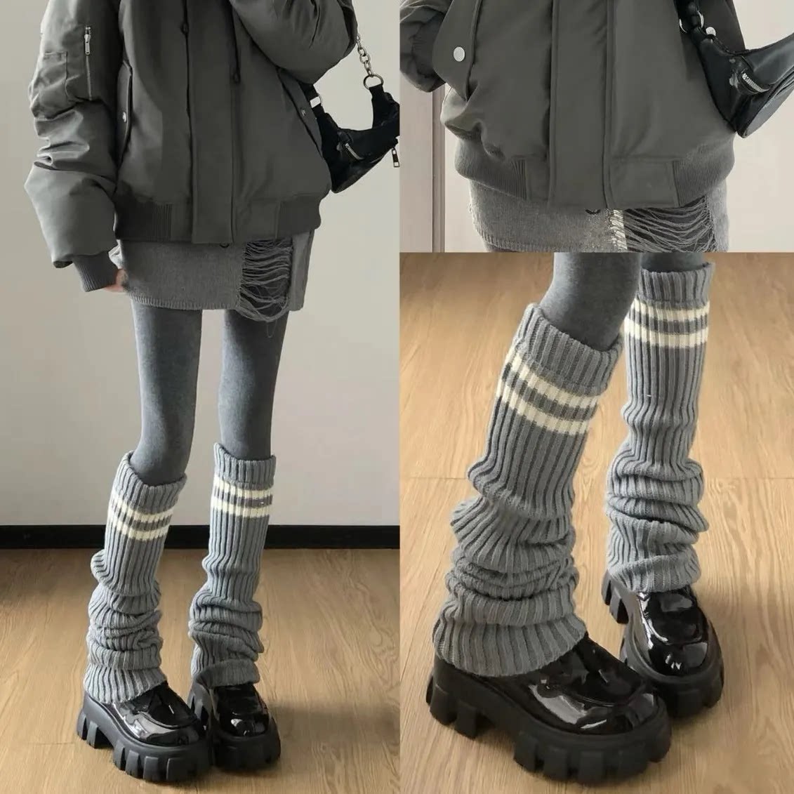 秋冬灰色学院风过膝长筒堆堆袜套女加厚针织条纹保暖护膝小腿套黑