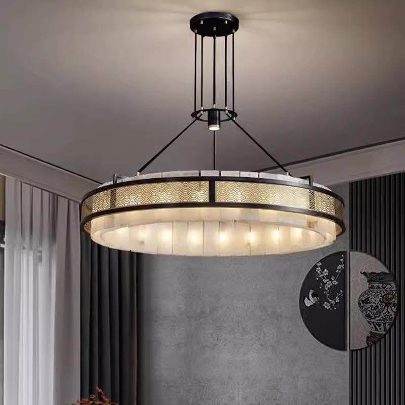 新中式全铜云石吊灯客厅灯别墅复式楼卧室餐厅灯复古大气高档灯具