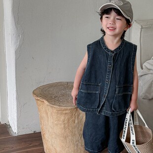 暮晨家新款夏装2024男童纯色牛仔马甲中小童薄款宽松中裤两件套装