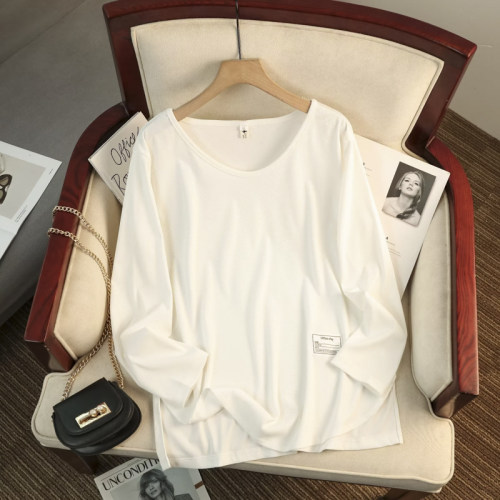 长袖内搭衣女大尺码初秋新款s胖妹mm简约百搭V领车标贴开叉宽松遮