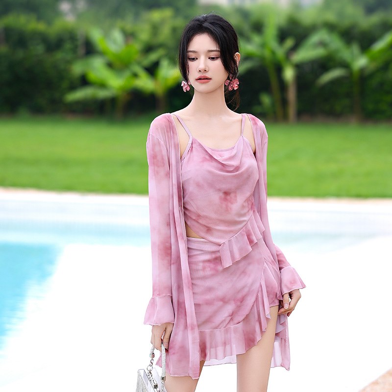韩版泳衣女分体三件套罩衫外罩长袖微胖显瘦钢圈聚拢扎染泡温泉