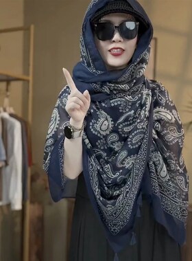 2398 e民族风旅行防晒薄款披肩夏季腰果花流苏围巾防晒巾巴厘纱秋