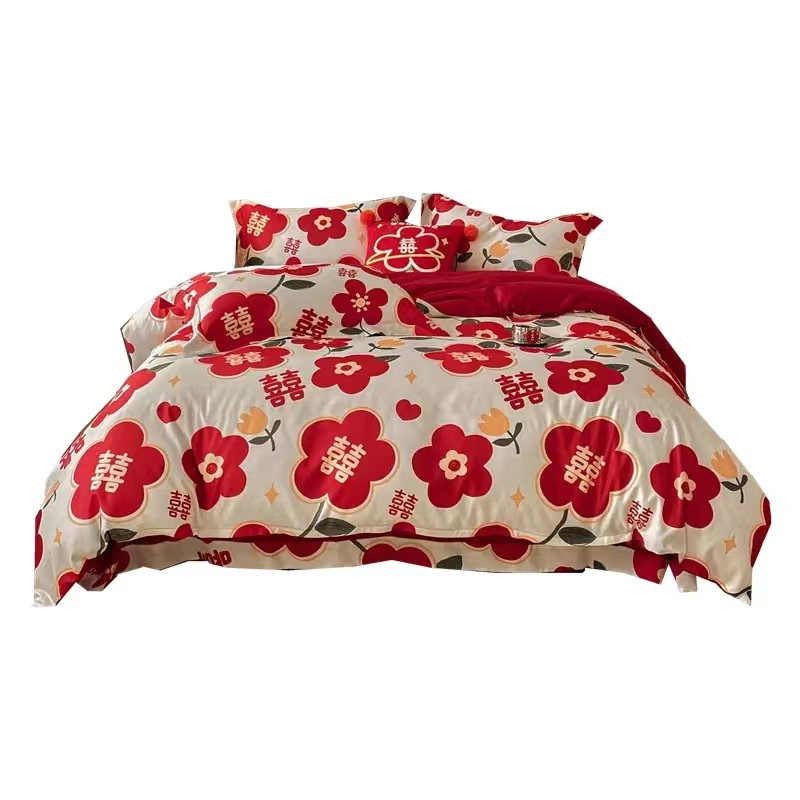 公主风100支印花婚庆四件套大红色全棉纯棉被套结婚床上用品婚嫁4