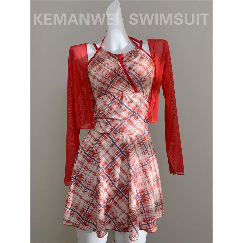 【绯红格子】连身裙式保守泳衣女两件套带罩衫Q泡温泉海边度假新