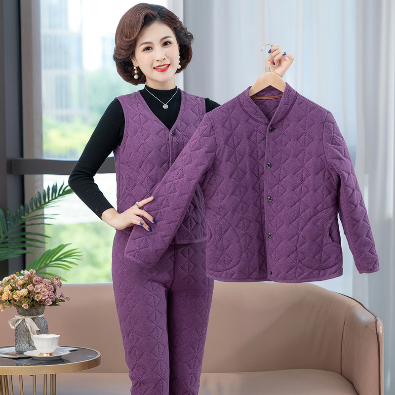老年人冬装棉衣棉裤三件r套女士妈妈装德绒蚕丝棉薄款奶奶保暖套