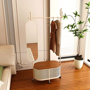 奶油风可旋转穿衣镜一体落地卧室B收纳全身镜带镜衣帽架挂衣试衣
