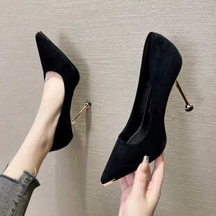 御姐高级感职业尖头高跟鞋女x黑色细跟气质名媛绒面浅口不累脚单