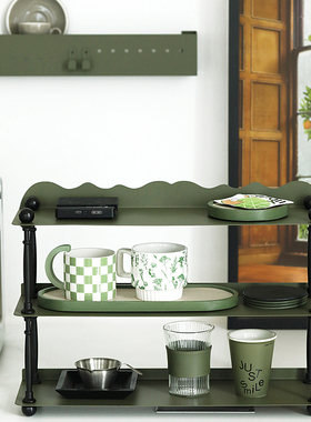 墨绿色三层置物架 大容量杂物架 厨房分层杯架 铁艺桌面整理架