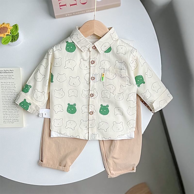 男宝宝春夏薄款套装帅气男童衬衫两件套儿童夏季服装洋气婴儿长袖