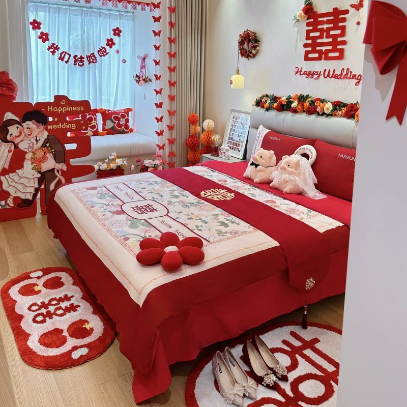 简约中式喜字婚庆四件组大红色被套全棉床单结婚床上用品婚房