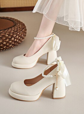 白色粗跟高跟鞋女202p5春季新款圆头一字扣玛丽珍鞋蝴蝶结温柔单