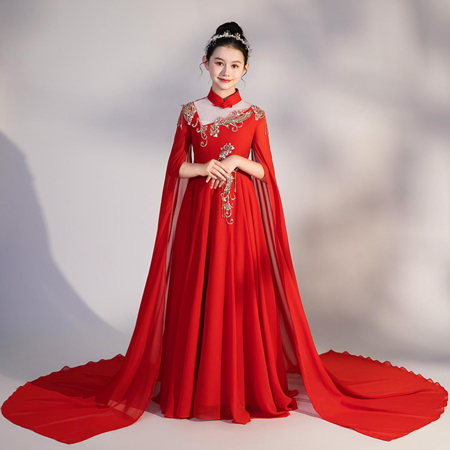 儿童古筝演出服中国风红色旗袍