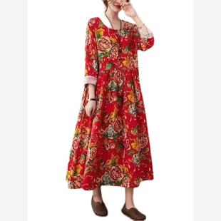 2023秋冬新款民族风特色大红长款碎花文艺大码胖MM宽松大摆连衣裙