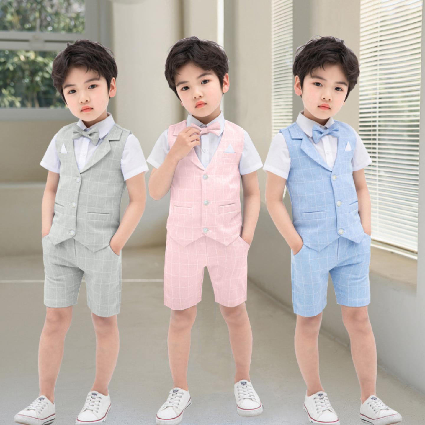 夏季新款儿童纯色格子马甲礼服