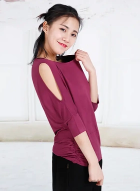 红舞鞋 女式成人现代舞蹈瑜伽练功服广场舞圆领七分袖上衣35410