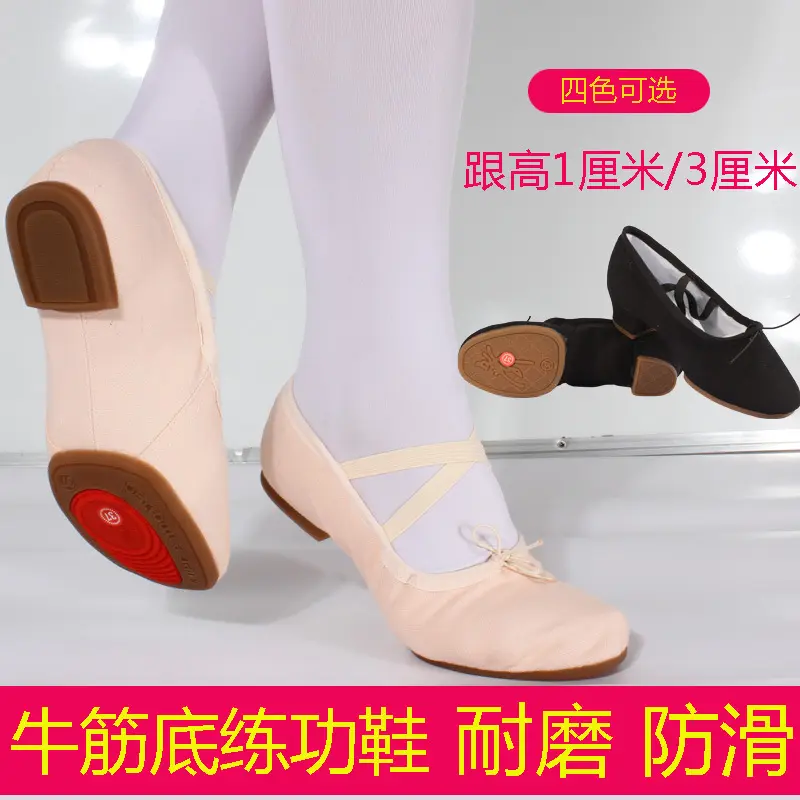 舞蹈鞋软底女成人练功鞋带跟室外胶底低跟跳舞鞋民族舞瑜伽黑跟鞋