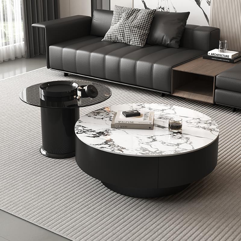 现代简约岩板实木茶几小户型客厅家用圆茶几桌轻奢高级感茶几组合