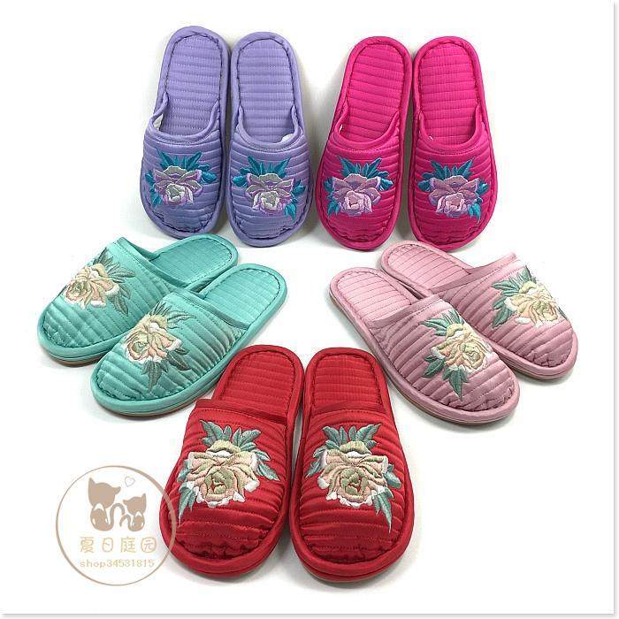 雅格布艺女式家居拖鞋绣花牡丹包头棉拖超软牛筋底二双包邮