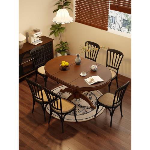 法式覆古风椭圆形餐桌椅组合小户型家用全实木可折叠可变伸缩圆桌