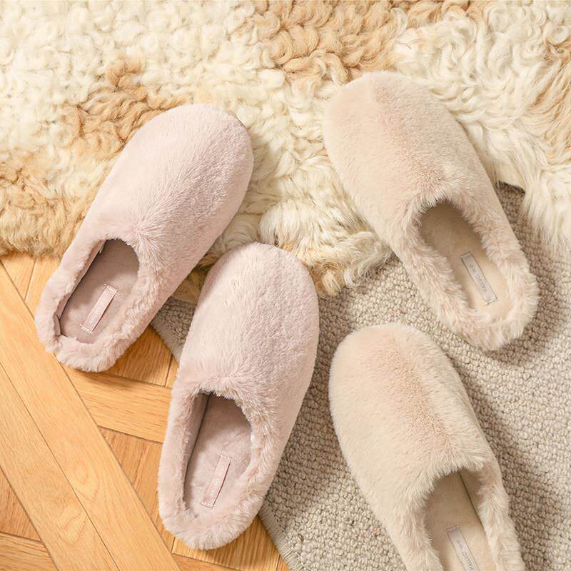 冬季简约纯色短毛绒保暖棉拖鞋女加厚鞋底防水防滑家居拖鞋可室外