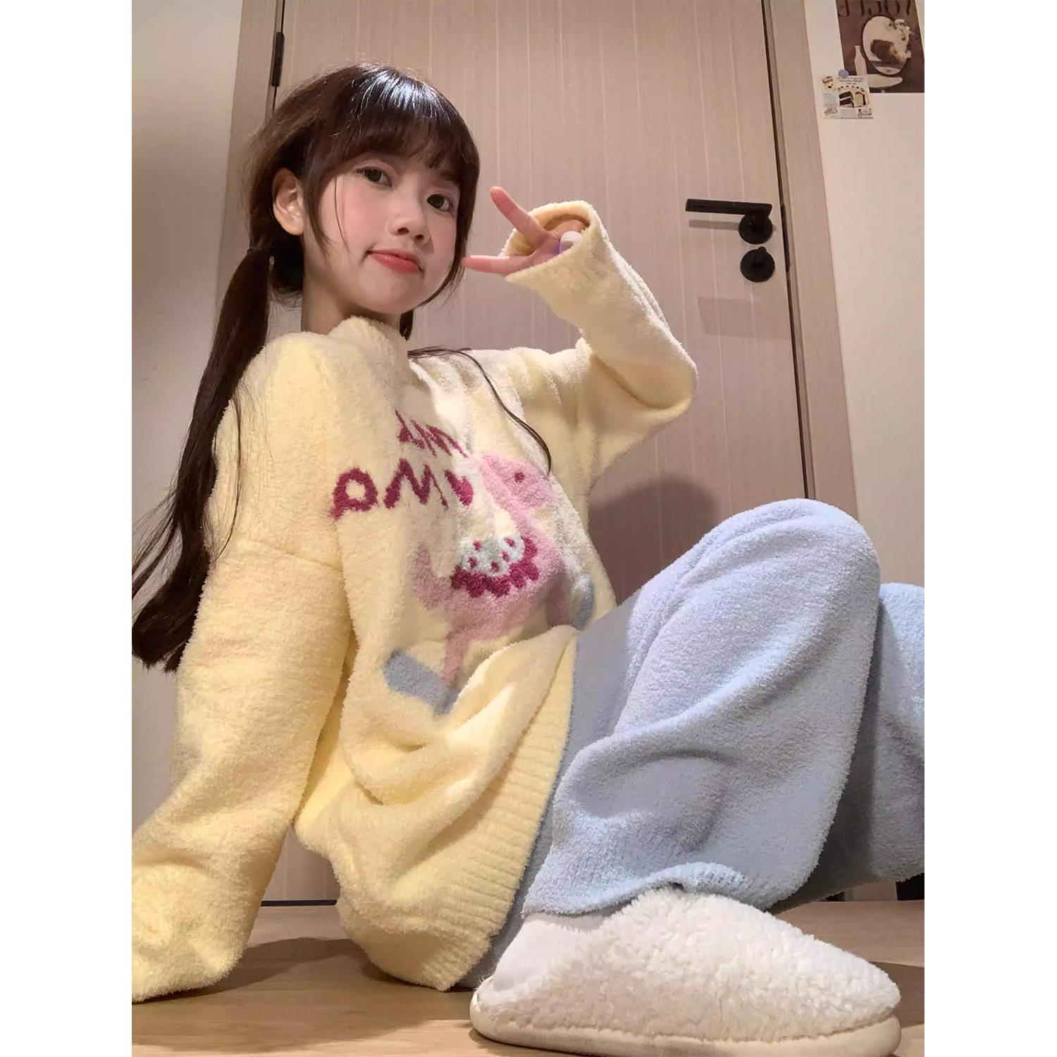 可爱木马半边绒黄色睡衣女生秋冬季新款珊瑚绒家居服加绒保暖套装