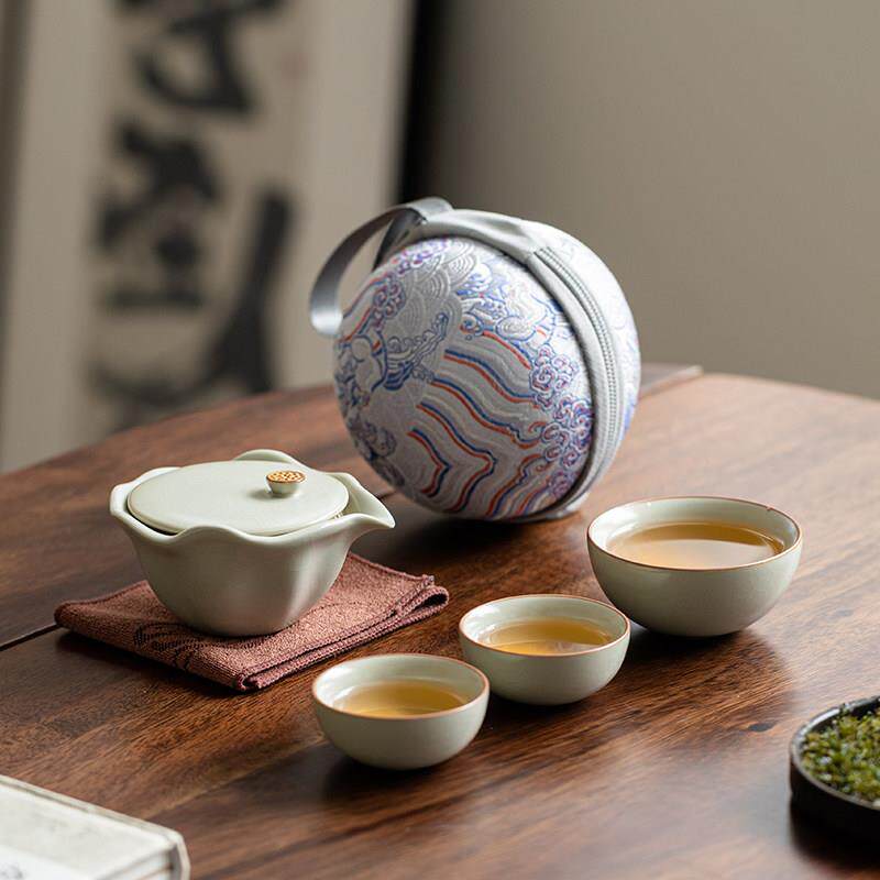 汝窑一人饮可携式旅行茶具套组一壶三杯快客杯功夫茶具户外泡茶杯