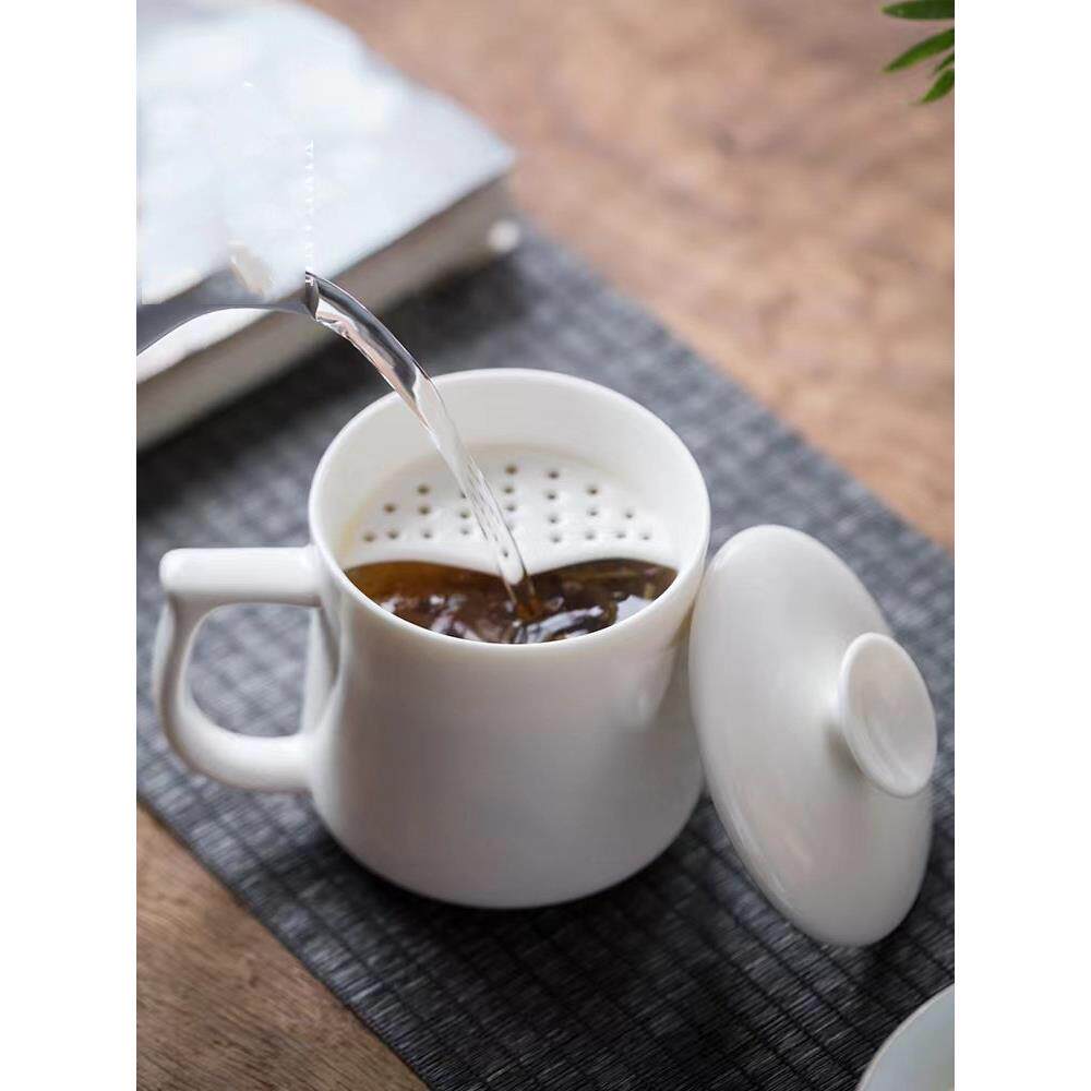羊脂玉月牙杯过滤茶杯家用会议水杯泡茶杯陶瓷白瓷办公杯定制