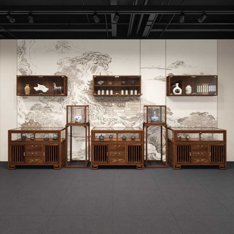 新中式陈列柜文玩中岛台玉器古董实木玻璃首饰壁柜博古珠宝展示柜图片