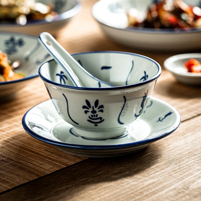 高温青花瓷碗漂亮碗陶瓷饭碗碗家用10个装碗勺套装汤碗老式碗餐具