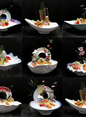 刺身盘高端三文鱼冰盘日料摆盘海B鲜姿造拼盘鱼生密胺鱼雕寿司餐