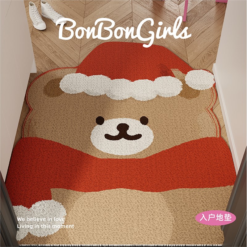 韩式圣诞熊入户门地垫丝圈防滑脚垫耐脏耐磨进门口玄关可裁剪地毯