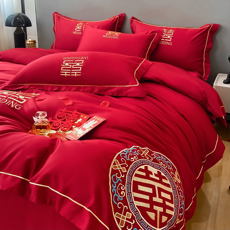 大气中式婚庆四件套全棉大红刺绣被套红色结婚床上用品婚房