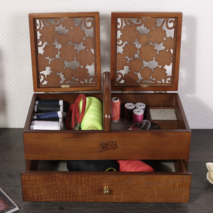 家用针线盒木质便携式针线收纳盒手工缝纫工具储物箱嫁妆结婚礼物