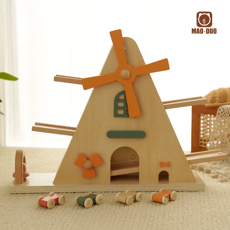 木制风车轨道惯性滑翔车小房子齿轮儿童小汽车轨道男女孩3456岁玩