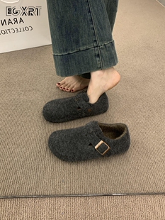 百搭增高保暖棉鞋 森系覆古毛呢勃肯鞋 时尚 新款 懒人一脚蹬 女秋冬季