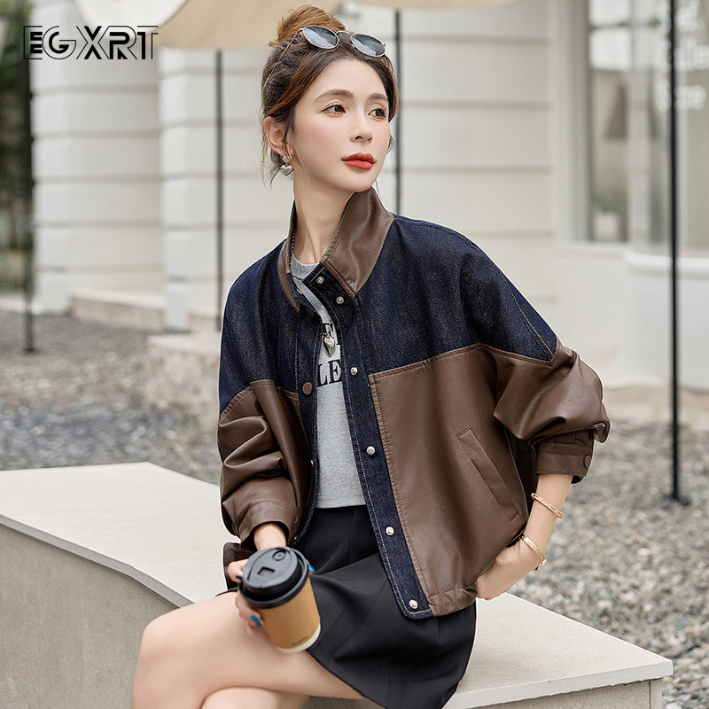 牛仔拼接皮衣外套女春秋季2026新款短款宽松型机车时尚立领皮夹克