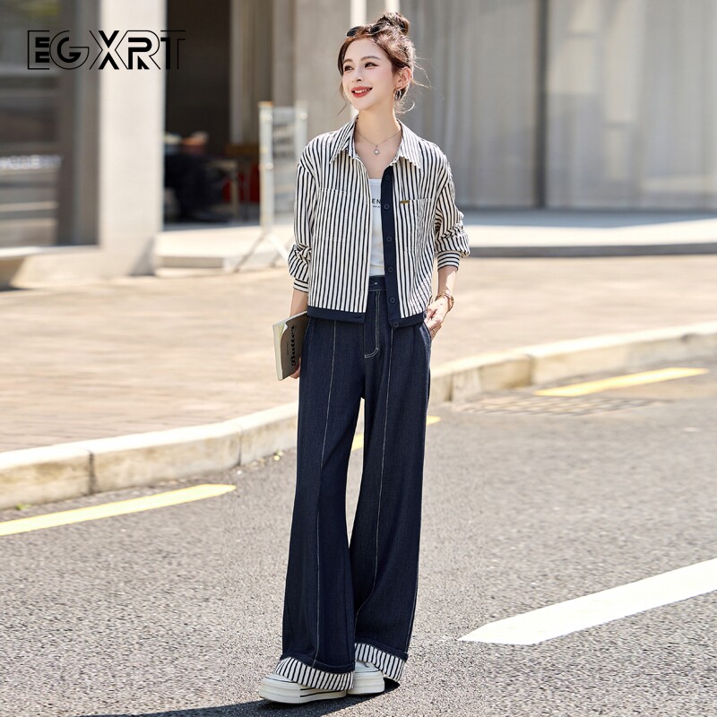 复古时尚休闲套装女2025秋冬季新款洋派牛仔裤阔腿裤短外套两件套