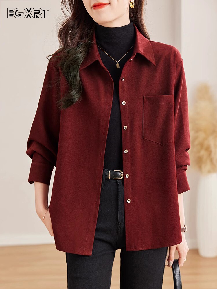 女式长袖衬衫2025新款秋季大号上衣酒红色中长休闲纯色衬衫夹克