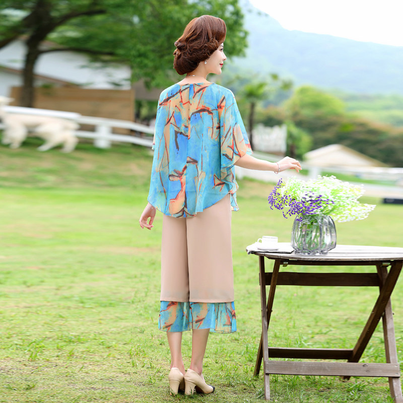 妈妈夏装套装50岁中年女士花色雪纺短袖T恤中老年人阔腿裤两件套