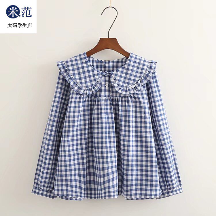春款胖女童长袖衬衫娃娃领加肥加大中大童格子短袖女孩显瘦娃娃衫