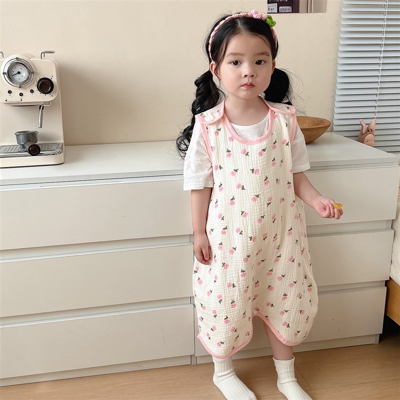 女宝背心式睡袋夏季纱布纯棉无骨护肚防着凉睡袍男童无袖连体睡衣